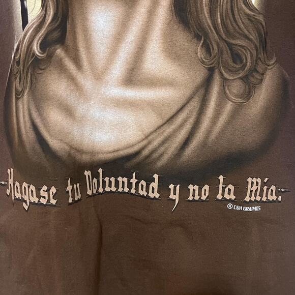 Vintage 90s Jesus Crown Of Thorns Graphic T Shirt Size 2XL Brown Religious Cross - Picture 6 of 9